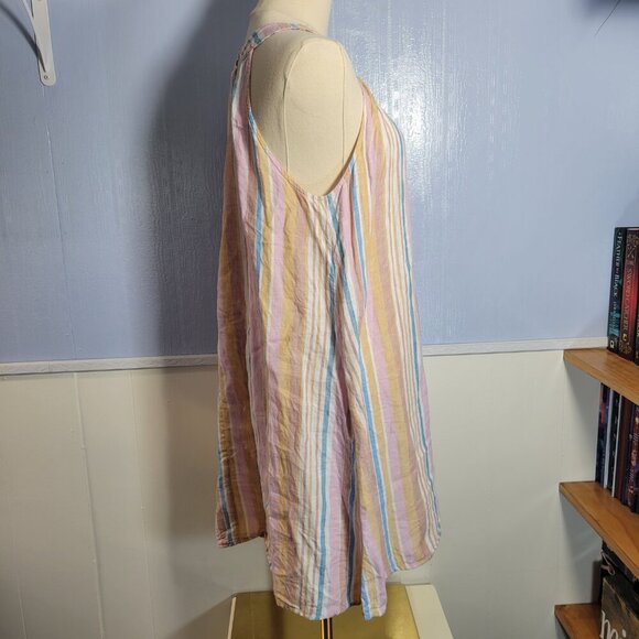 C&C California Medium Pastel Pink Blue Striped Round Neck Sleeveless Linen Dress - Picture 6 of 10
